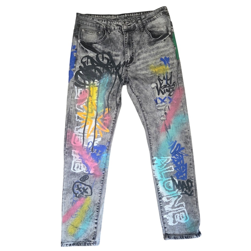 D'Andijieshen Mens Graffiti Acid Wash Jeans Gray Streetwear Graphic W30 L29